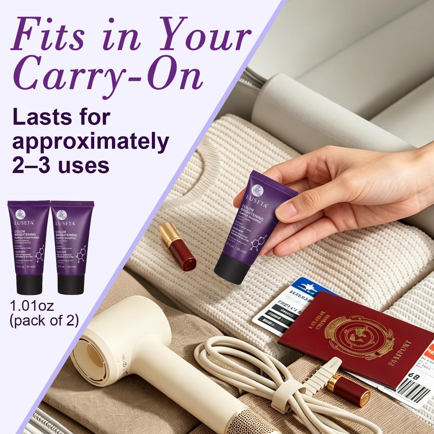 Luseta Color Brightening Purple Travel Shampoo and Conditioner Mini Kit for Blonde, Silver and Gray Hair - Brassiness Neutralizer for Highlighted Beauty & Personal Care L LUSETA
