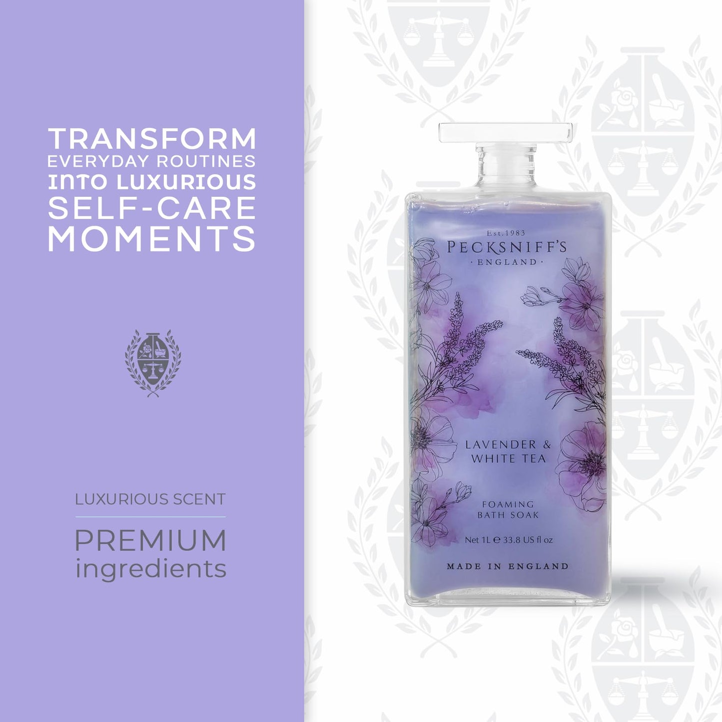 Pecksniff’s Lavender & White Tea Foaming Bath Soak - Luxury Bubble Bath, 1L / 33.8 fl oz, Made in England Beauty and Personal Care Pecksniff's