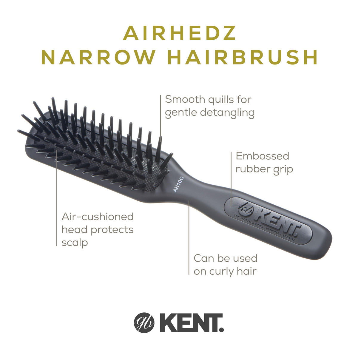 Kent AH10G Airhedz Pro Narrow Pin Hair Brush Narrow Cushion Paddle Brush - Taming Fat Pins, Detangling Long Thick and Curly Hair, Scalp Massager and