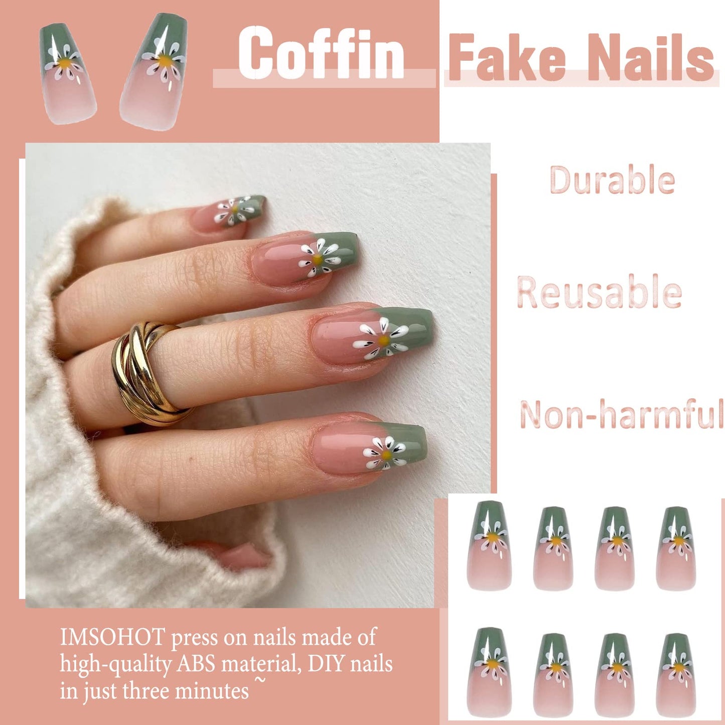 IMSOHOT Glossy Flower Press on Nails Medium Length Green Coffin Fake Nails French Cute False Nails Ballerina Glue on Nails for Women and Girls Beauty & Personal Care IMSOHOT