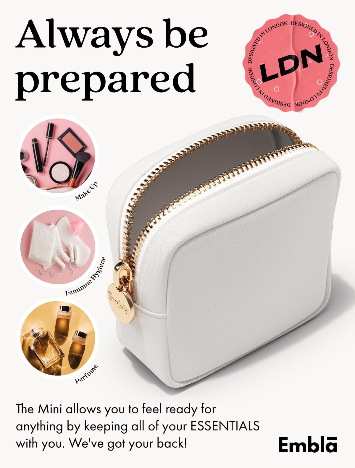 Embla Small Makeup Bag for Purse, Mini Waterproof Nylon Cosmetic Pouch, Durable and Lightweight Travel Toiletry Bag with Smooth Zipper, White Beauty and Personal Care Embla