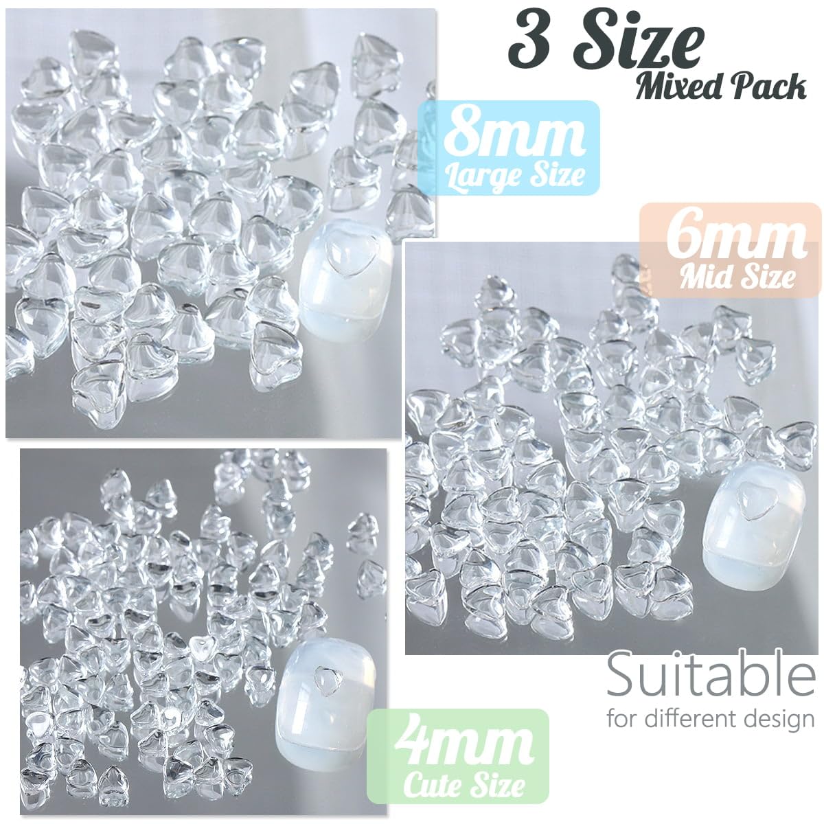 qiipii 300pcs Transparent Heart Nail Charms, 3 Sizes Mixed Size 3D Clear Cute Love Hearts Rhinestones Flatback Resin Crystals Diamonds Nail Art Beauty & Personal Care qiipii
