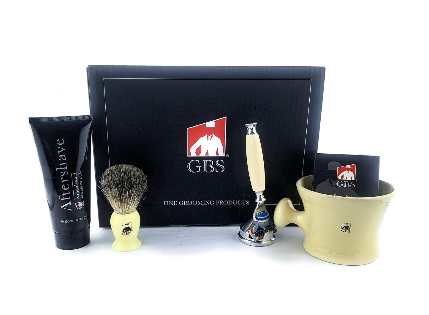G.B.S Men’s Faux Ivory Shaving Gift Set, 5 Blade Compatible Ivory Handle Razor, Ceramic Ivory Shaving Mug, Shaving Brush, Sandalwood Aftershave Beauty and Personal Care G.B.S