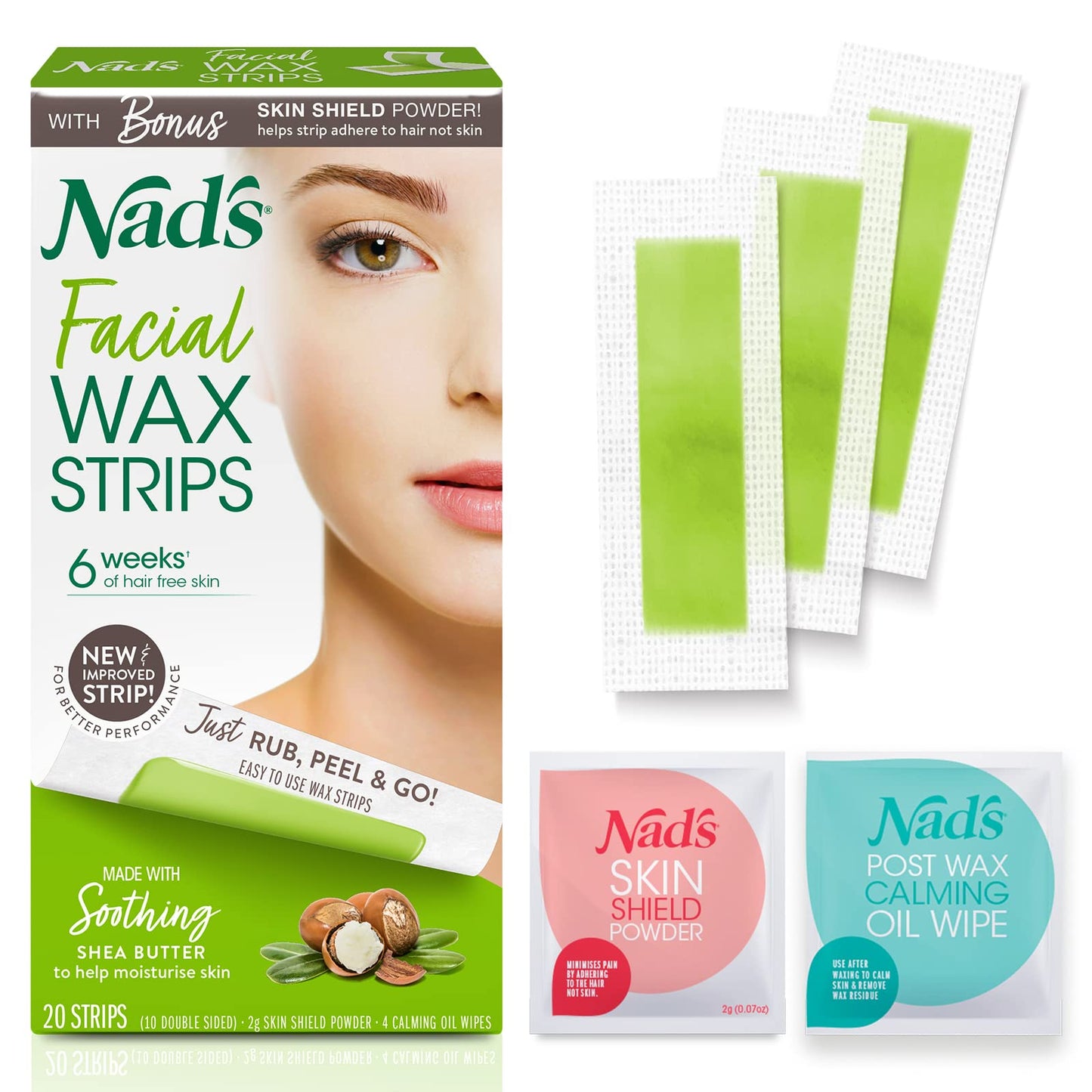 Nad's Facial Wax Strips - Hypoallergenic All Skin Types - Facial Hair Removal For Women - At Home Waxing Kit with 20 Face Wax Strips + 4 Calming Oil Beauty & Personal Care Nad's