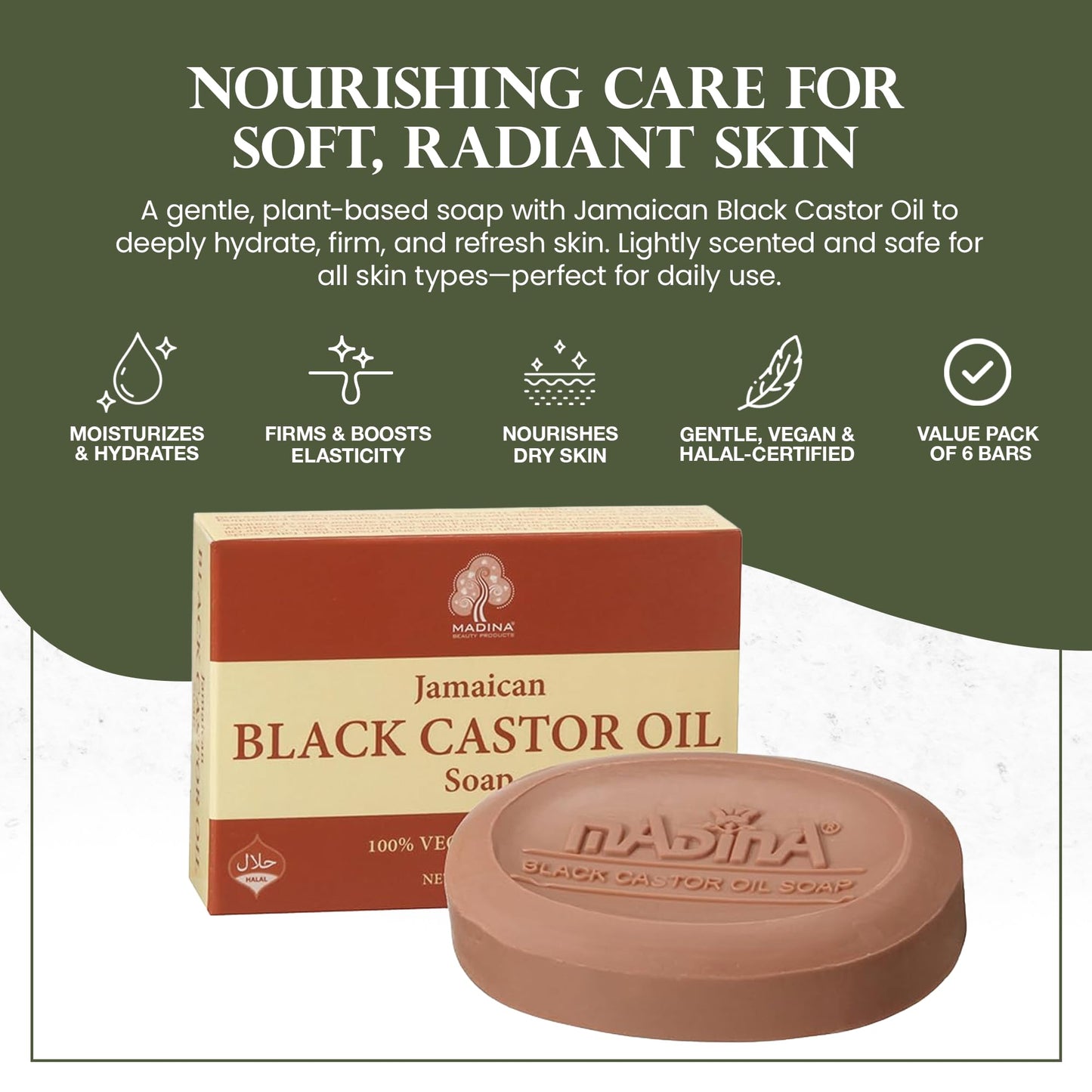 Madina Jamaican Black Castor Oil Soap Bar - Deep Moisturizing, Hydrating, 100% Vegetable-Based, Halal & RSPO Certified, Gentle Cleanser for All Skin Beauty & Personal Care Madina
