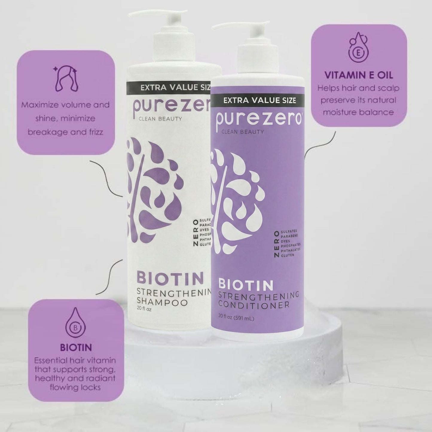 Purezero Biotin Shampoo & Conditioner Set - Anti Thinning Formula - Volumizing, Thicker, Fuller Hair - Zero Sulfates, Parabens, Dyes, Gluten - 100% Beauty & Personal Care Purezero