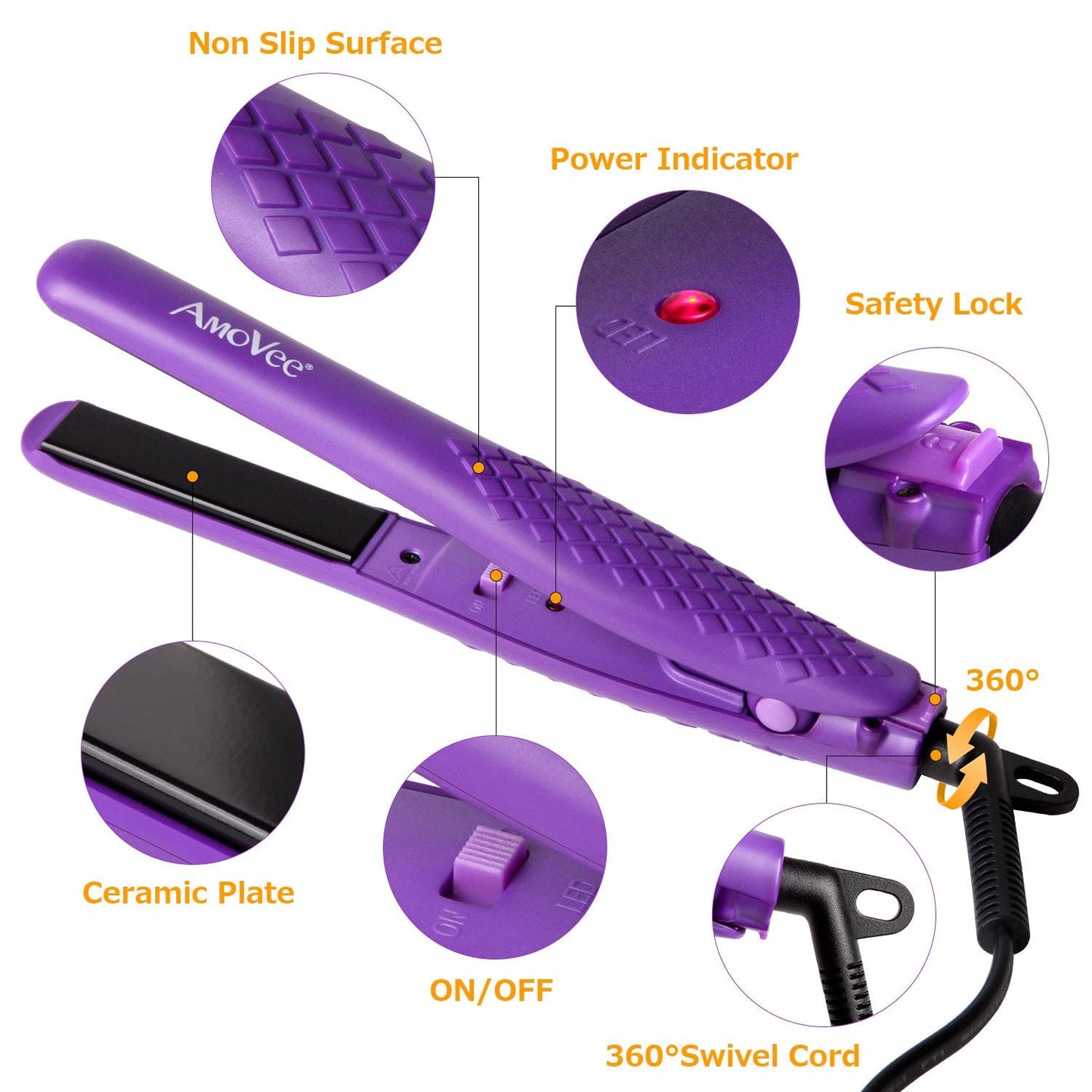 AmoVee Mini Flat Iron, 0.7 Inch Mini Hair Straightener, Small Flat Iron for Short Hair,Curls Bangs, Dual Voltage Travel Hair Straightener?Purple? Beauty & Personal Care AmoVee