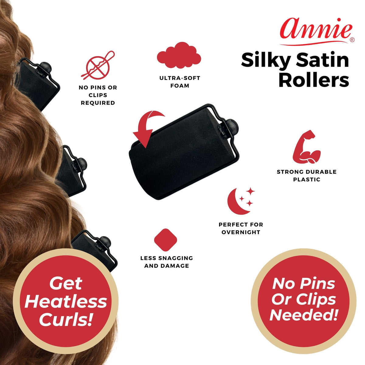 Annie Silky Satin Jumbo Hair Rollers - 6 Pack Black Foam Sponge Curlers for Heatless Curls - Soft Sleep Styler Pillow Rollers for All Hair Types,