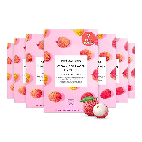 Vitamasques Korean Collagen Face Mask - Hydrating & Moisturizing Korean Sheet Mask with Lychee & Hyaluronic Acid - Vegan Facial Skincare for Firming Beauty & Personal Care Vitamasques