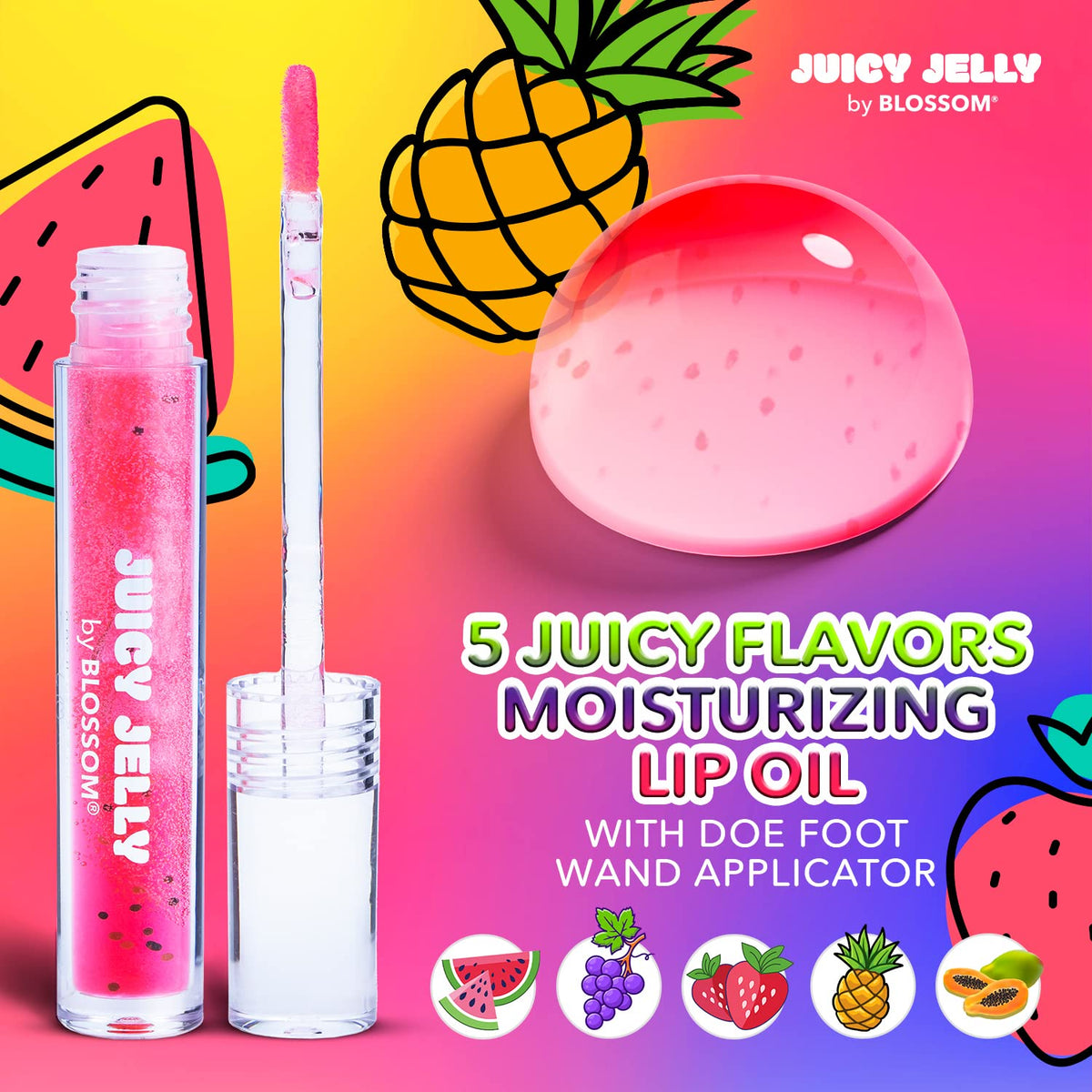 Blossom Lip Gloss Juicy Jelly Moisturizing Fruit Flavored Nourishing High Shine Lip Oil with Doe Foot Wand Applicator, 0.09oz, Strawberry Beauty & Personal Care Blossom