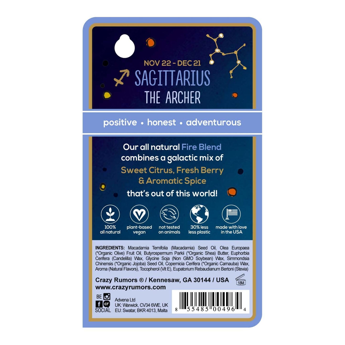 Crazy Rumors Sagittarius Zodiac All Natural, Plant Based Lip Balm to Moisturize and Nourish your Lips - Fire Blend (Sweet Orange, Fresh Berry Beauty and Personal Care Crazy Rumors