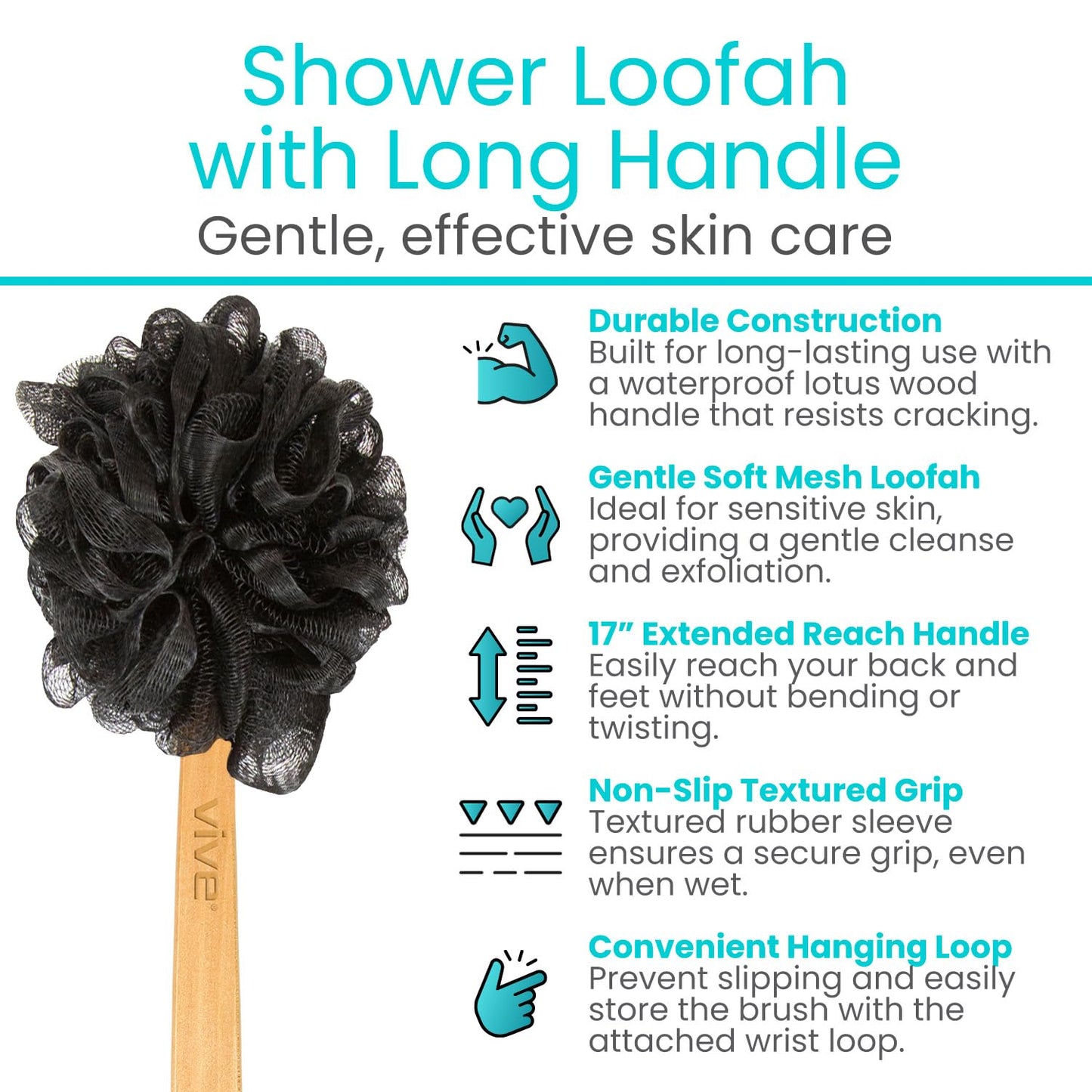 Vive 17” Shower Loofah with Long Handle - Exfoliating Back & Body Scrubber for Men & Women - Luffa Sponge on a Stick for Bathing, Cleaning - Includes Beauty & Personal Care Vive