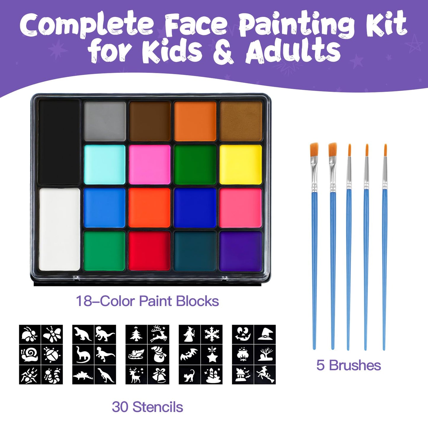 Face Painting Kit for Kids, 18 Colors Water Activated Face Paint with Brushes & Stencils, Non-Toxic Halloween Makeup Kit, Professional Face Body Paint Beauty & Personal Care Asddage