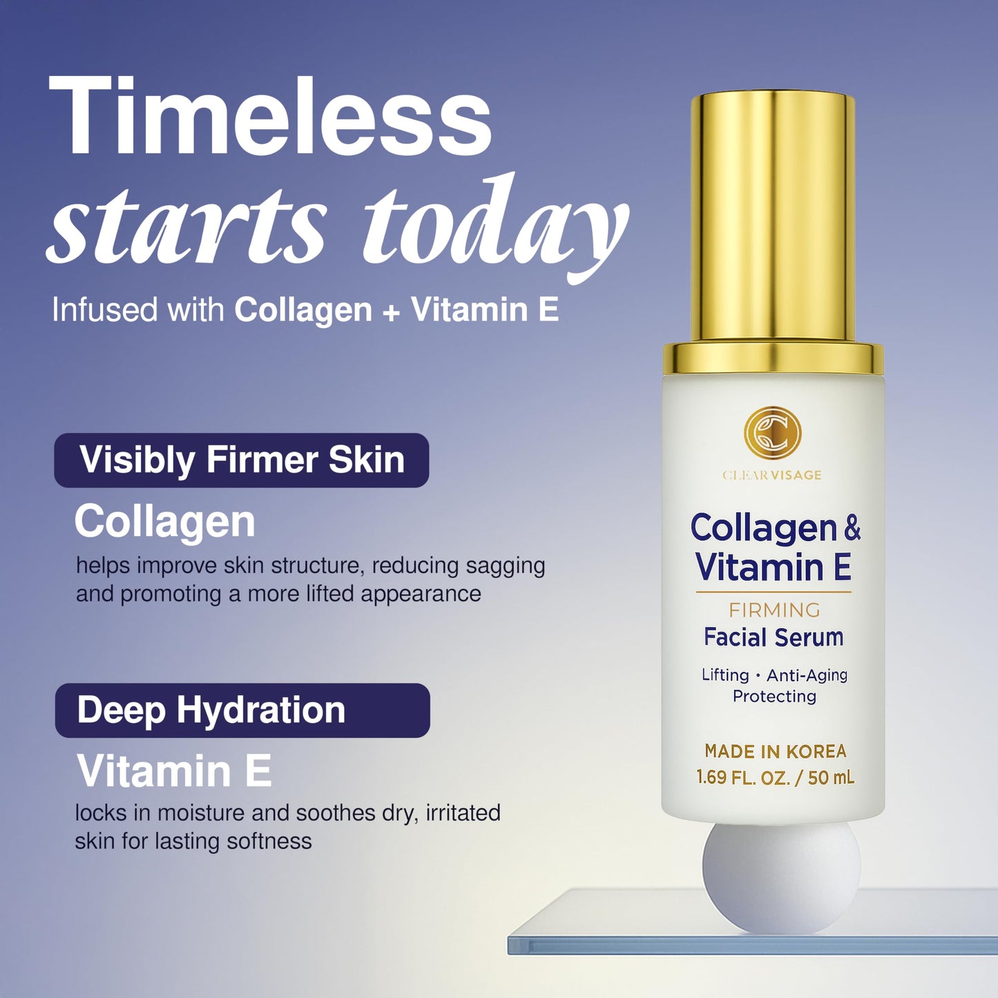 Clear Visage Collagen & Vitamin E Face Serum - Dermatologist Tested, Anti Aging Korean Skin Care - Hydrates, Firms & Smooths Fine Lines - Vegan, Clean Beauty & Personal Care Clear Visage
