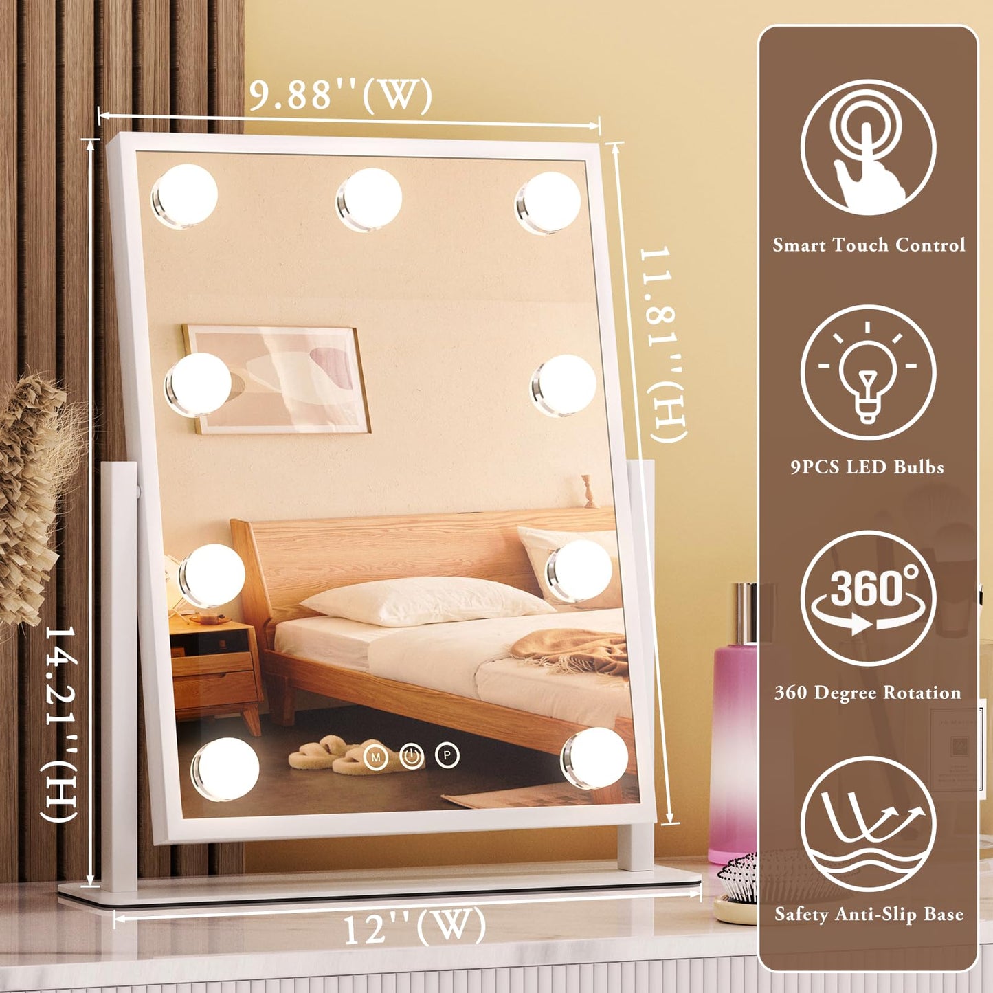Dirket Vanity Mirror with Lights, Lighted Makeup Mirror Hollywood Makeup Mirror with 9 Dimmable Bulbs and 3 Color Lighting Modes, Smart Touch Control Beauty & Personal Care Dirket
