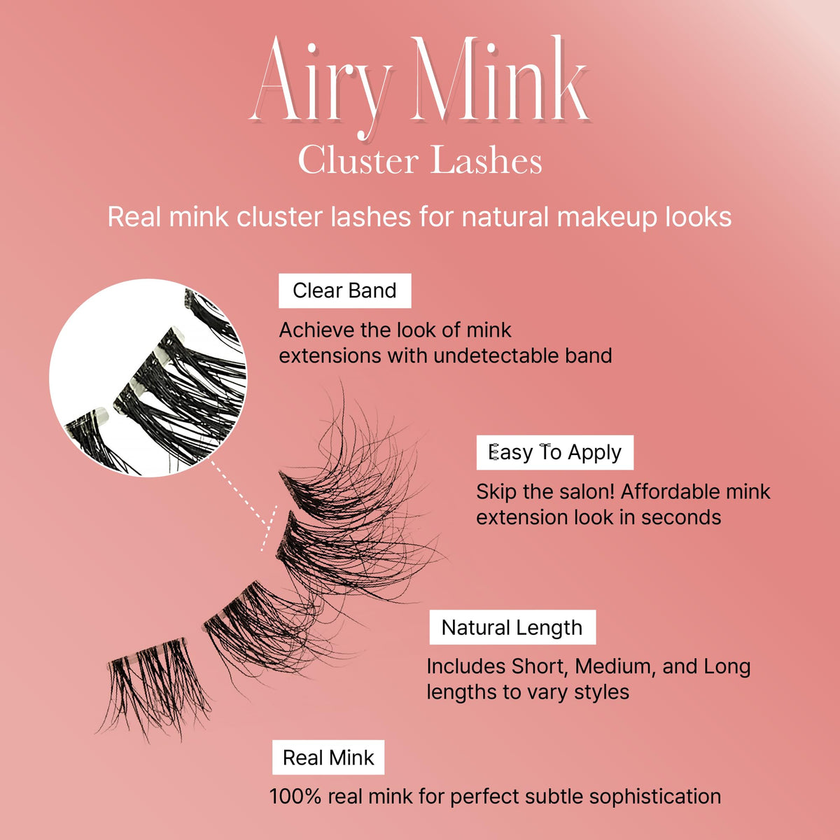 VLuxe Airy Mink Lash Cluster, 100% Real Mink False Eyelash Extension, Lightweight Clear Invisible Band for Natural Look, DIY Customizable Multi-Length