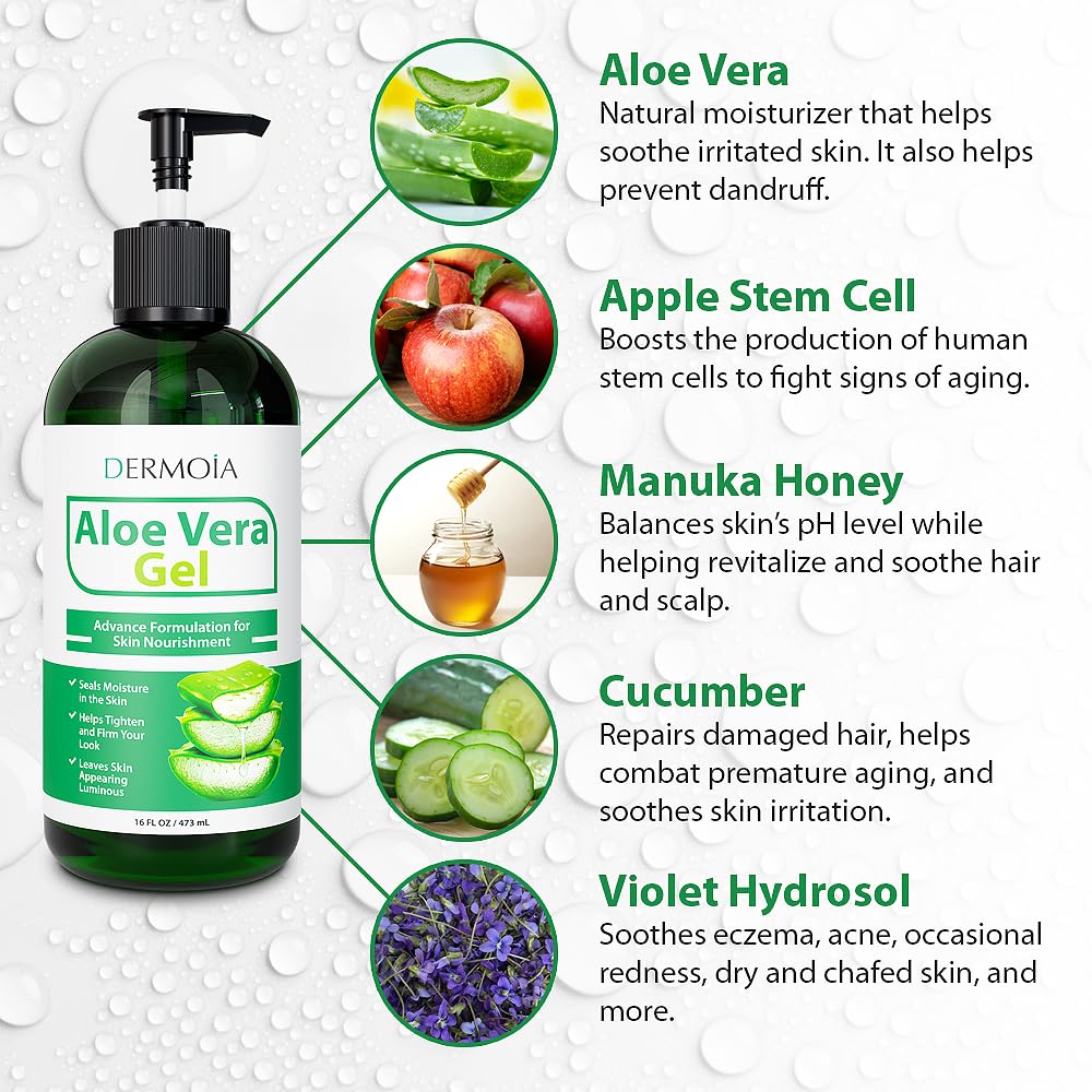 DERMOIA Aloe Vera Gel Body Moisturizer - Sunburn Relief Aloe Vera Gel for Skin with Apple Stem Cell, Cucumber & Violet Hydrosol - Hydrating Facial Beauty & Personal Care DERMOIA
