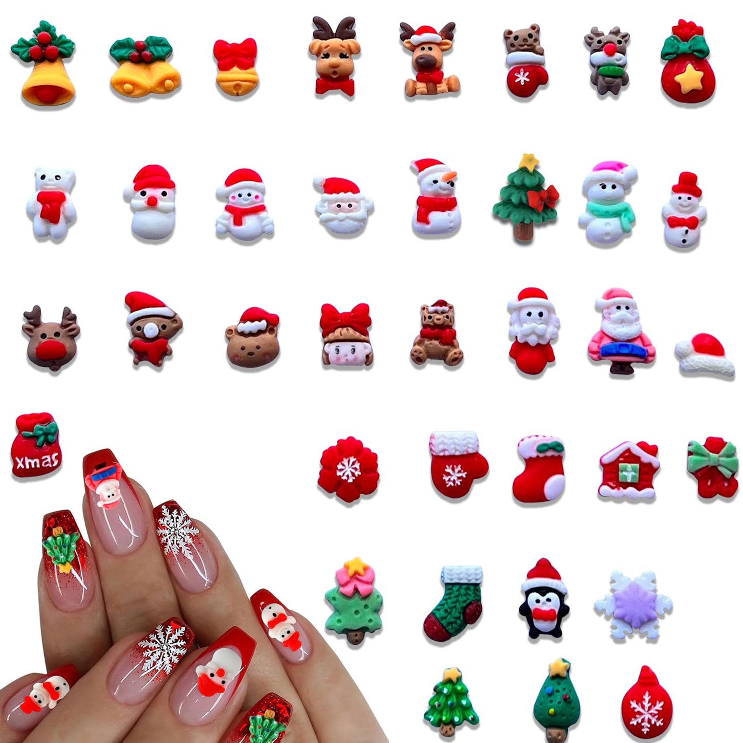 37PCS Christmas Nail Art Charms - Mixed 3D Resin Charms with Santa Claus, Elk, Xmas Tree, Gloves, Bells, Snowman Designs Beauty & Personal Care ONEUPIN