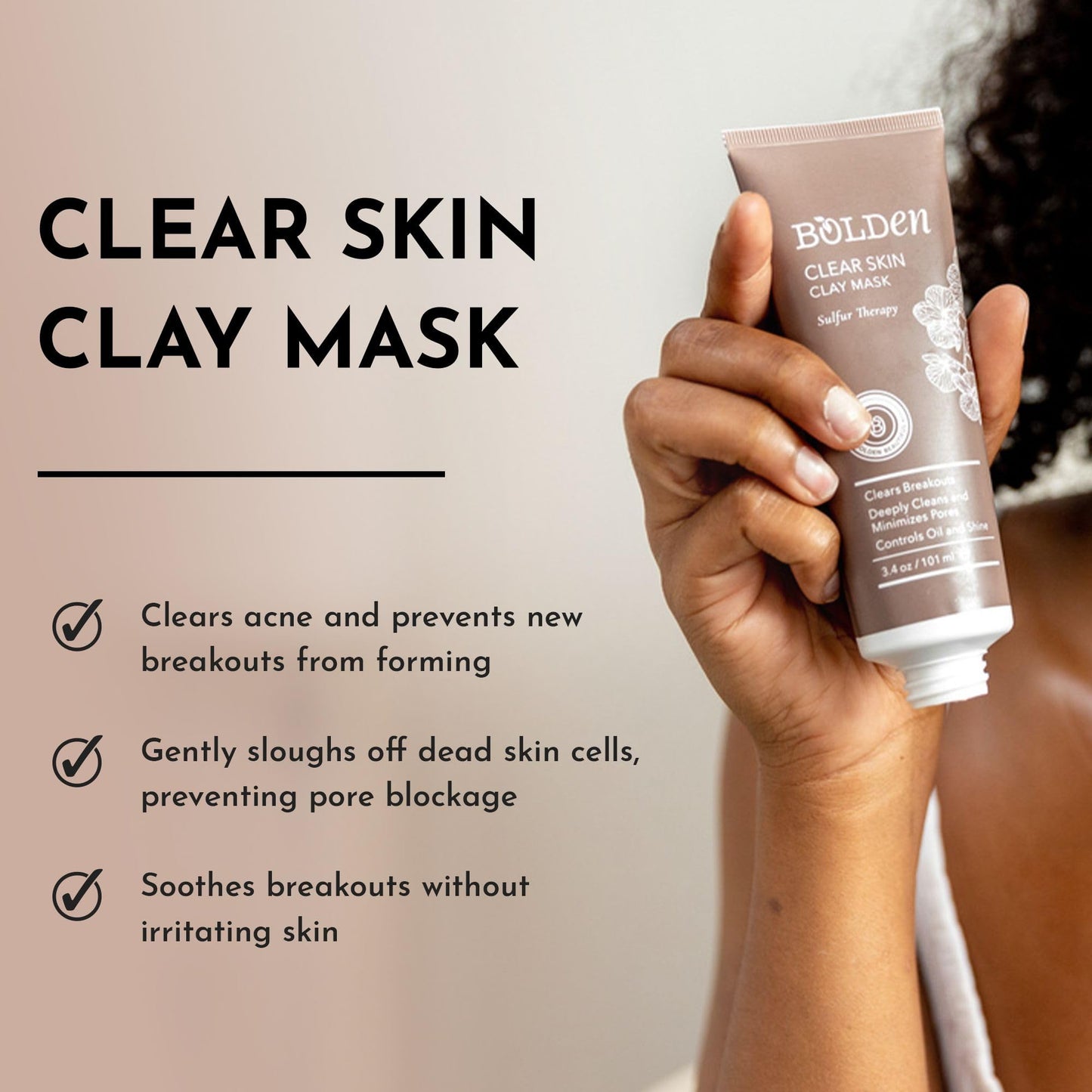 BOLDEN Clear Skin Clay Mask | Made with Sulfur for Deep Pore Cleansing & Preventing Breakouts | Pore Minimizer and Oil Reducer for Sensitive Skin | Beauty & Personal Care BOLDEN