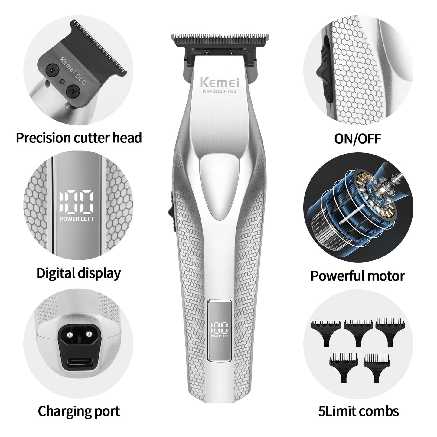 KEMEI KM-3023-702 Professional Hair Clipper for Men, Zero Gapped Cordless Beard Trimmer, Barber Clippers with USB Rechargeable, Edgers, Fade Clipper Beauty and Personal Care KEMEI