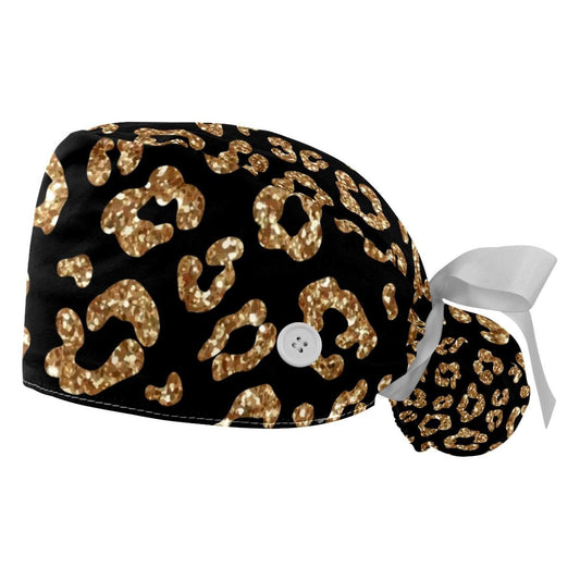 Anna Cowper 2 PCS Bouffant Cap with Button Ponytail Pouch Working Cap Sweatband Adjustable Surgical Cap Gold Glitter Leopard Beauty and Personal Care Anna Cowper