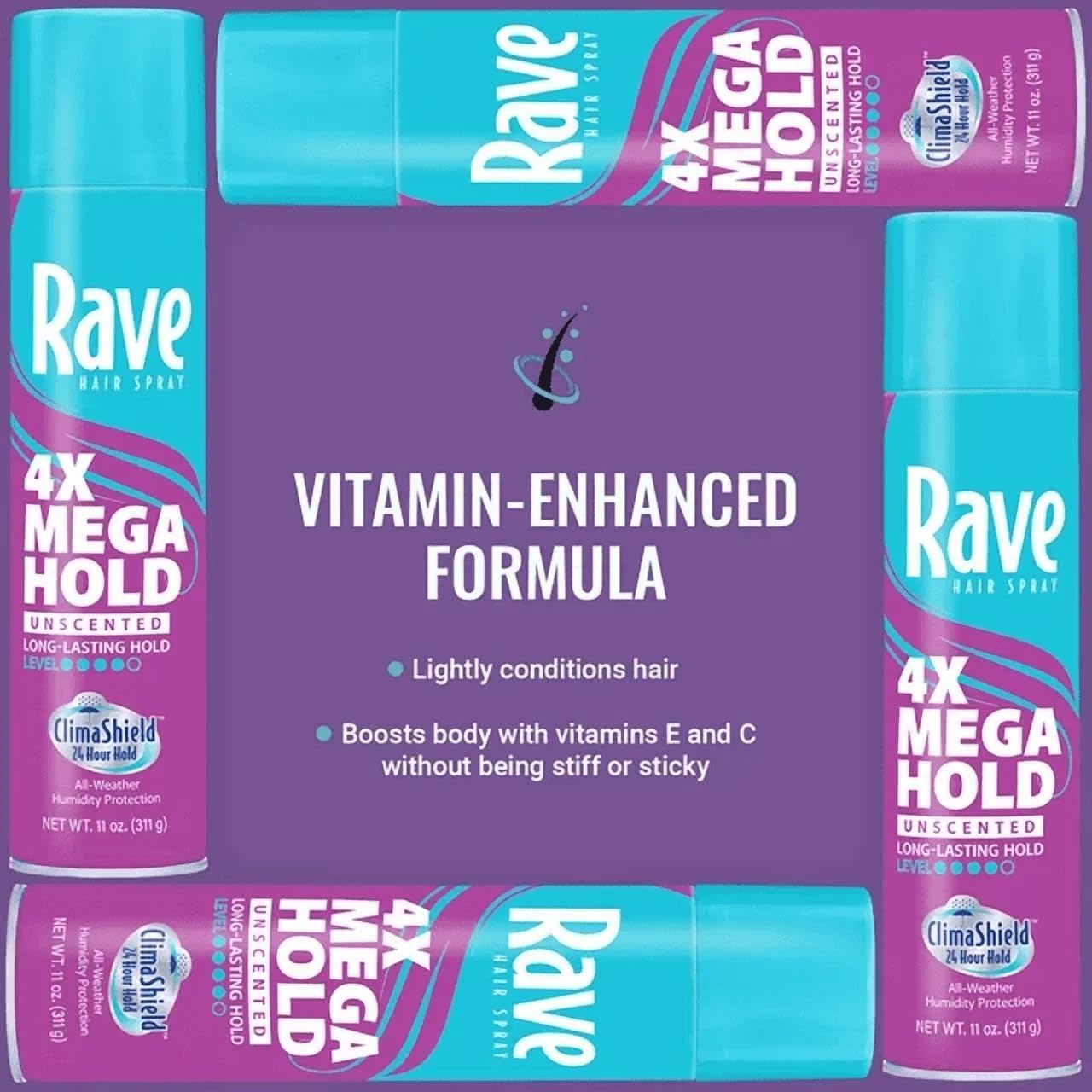Rave 4X Mega Unscented Aerosol Hairspray - Hair Spray for High Humidity Weather - 24-Hour Lasting Hold - Vitamin-Enhanced Hair Volume Spray - 4 pc Beauty & Personal Care rave
