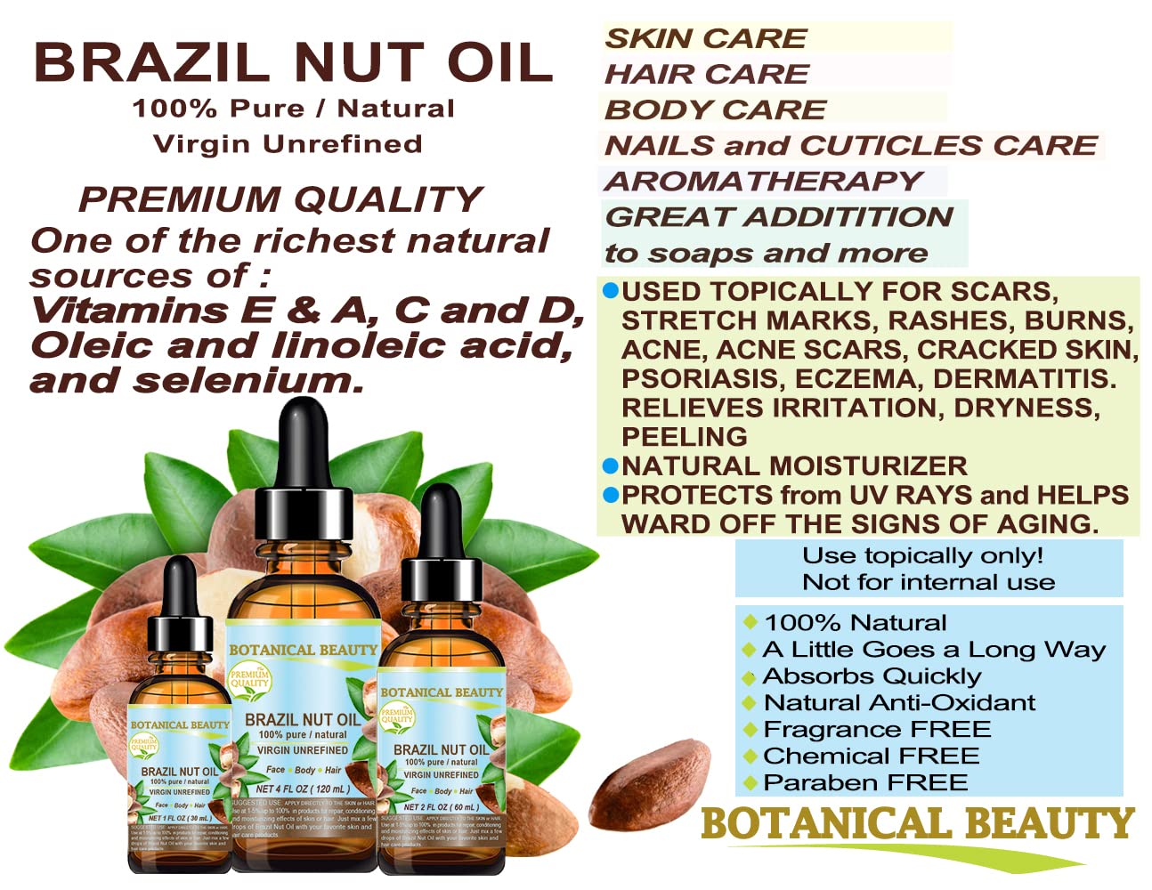 Botanical Beauty BRAZIL NUT OIL Bertholletia Excelsa WILD GROWTH RAW Brazilian 100% Pure Natural Virgin Unrefined for FACE, SKIN, BODY, HAIR, NAILS Beauty & Personal Care Botanical Beauty