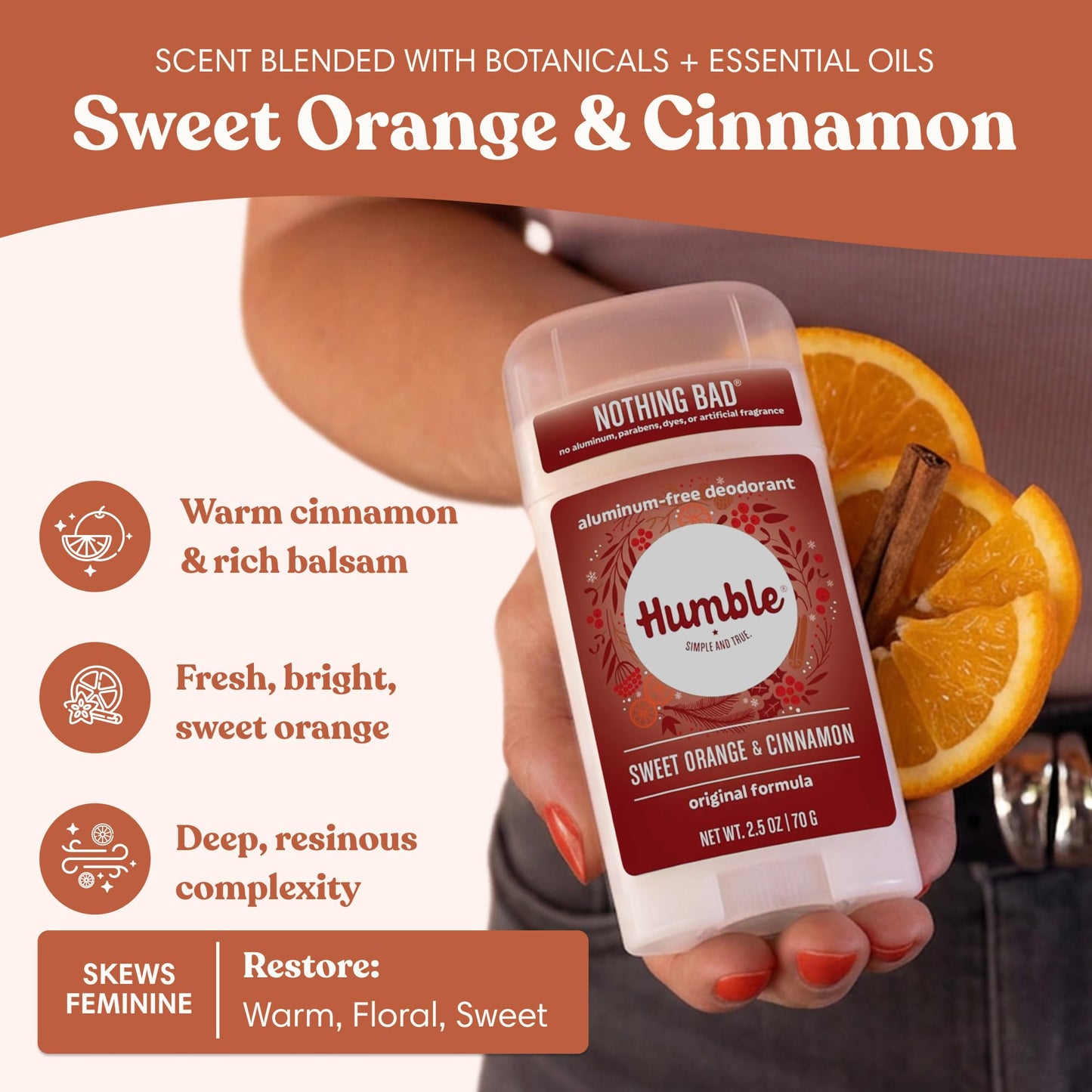 Humble Aluminum-Free Deodorant for Women & Men, Sweet Orange & Cinnamon - Clean & Fresh Natural Deodorant Stick with Essential Oils for Long-Lasting Beauty and Personal Care HUMBLE SIMPLE AND TRUE.