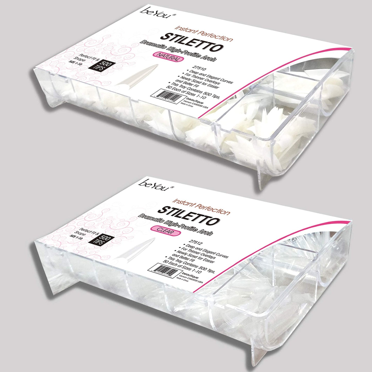 Vivace 2PACK Natural/Clear Stiletto 500 Acrylic False Fake Gel Nail Tips (Total 1000Tips) 10Sizes With Clear Acrylic Case For Nail Salon Nail Shop Beauty & Personal Care Vivace