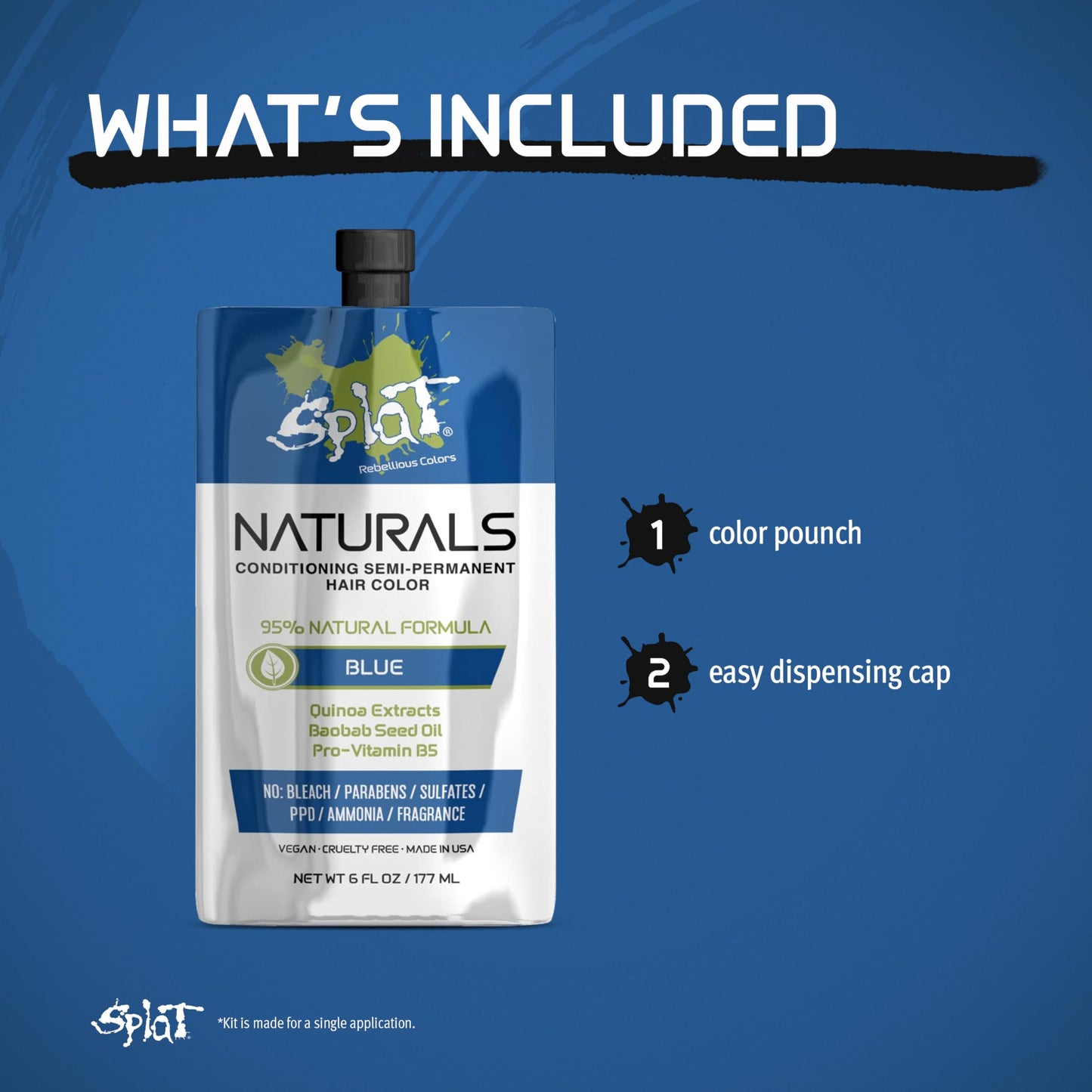 Splat Naturals Semi-Permanent Hair Color, Blue, 6 fl. oz., 95% Natural Hair Dye Formula Lasts Up to 30 Washes, Vegan & Cruelty-Free Beauty & Personal Care Splat