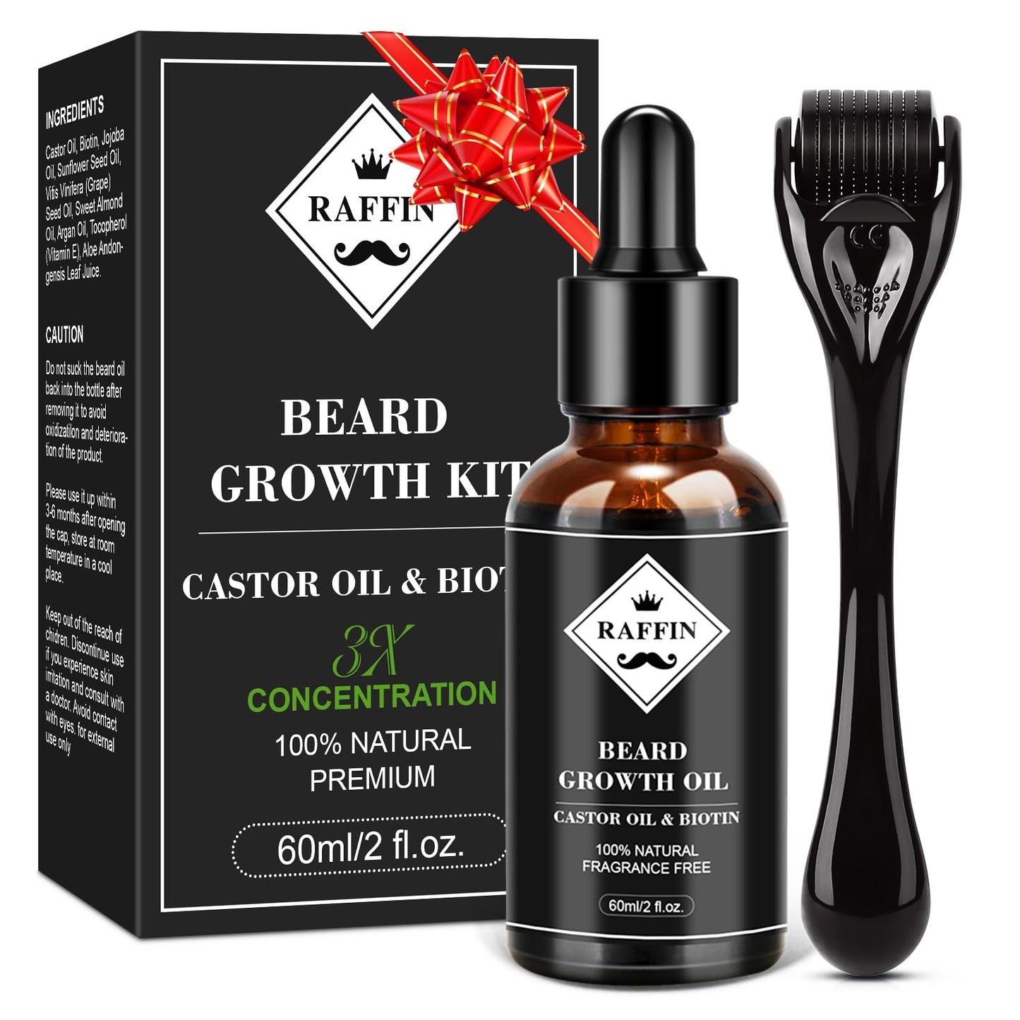 RAFFIN Beard Growth Kit, Beard Growth Oil (2Oz) w/3 X Thickening Biotin & Castor Oil for Spot/Patchy Beard, Achieve Fuller, Thicker, Healthier Beard Beauty and Personal Care RAFFIN