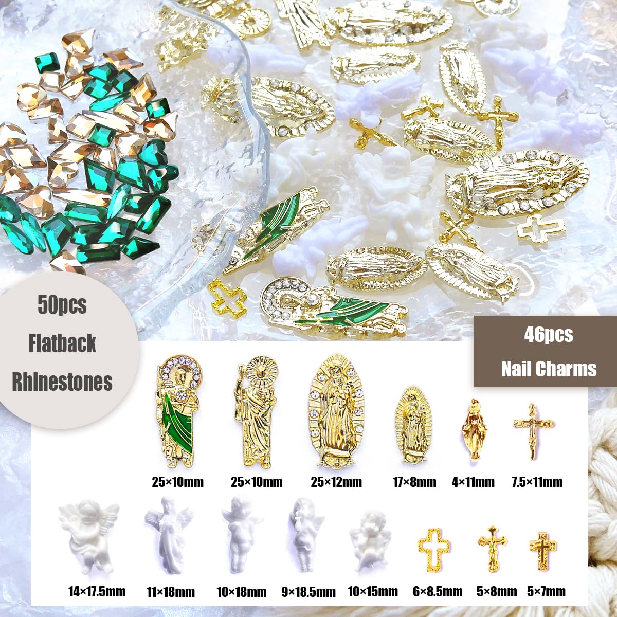San Judas Virgin Mary Cross 3D Nail Charms Angel Gold Alloy Metal Rhinestones for Acrylic Nail Art Religious Gems Jewels Vintage Manicure Accessories Beauty & Personal Care LCiclly