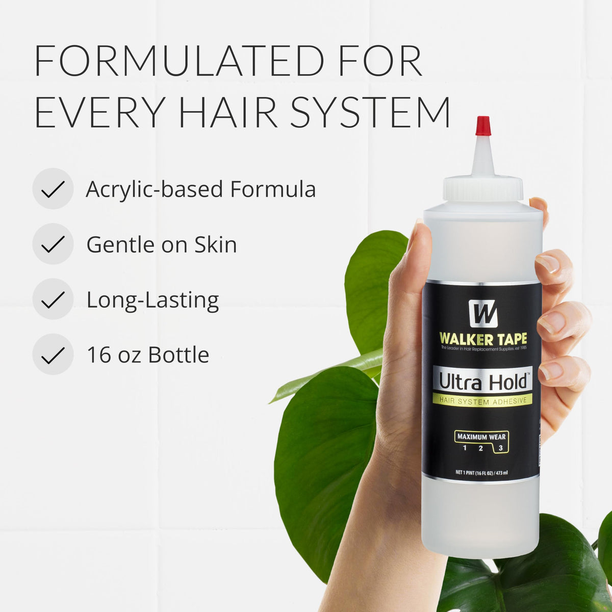Walker Tape Ultra Hold Brush-On Adhesive 16 oz, Waterproof Wig Glue for Lace Systems and Tape in Hair Extensions Human Hair, Strong Clear-Drying