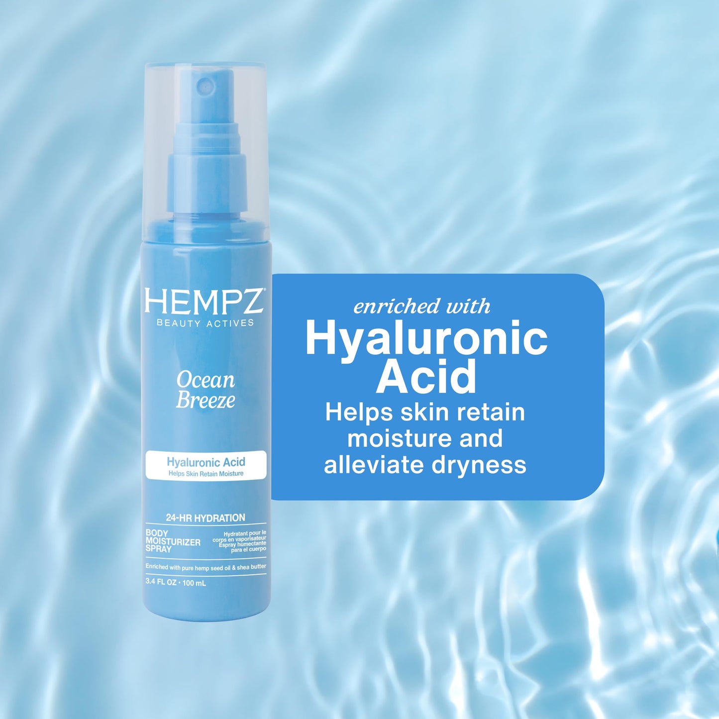 Hempz Ocean Breeze Body Moisturizer Spray, Hydrating Lightweight Mist with Hyaluronic Acid, Travel Friendly, 3.4 fl.oz. Beauty & Personal Care Hempz