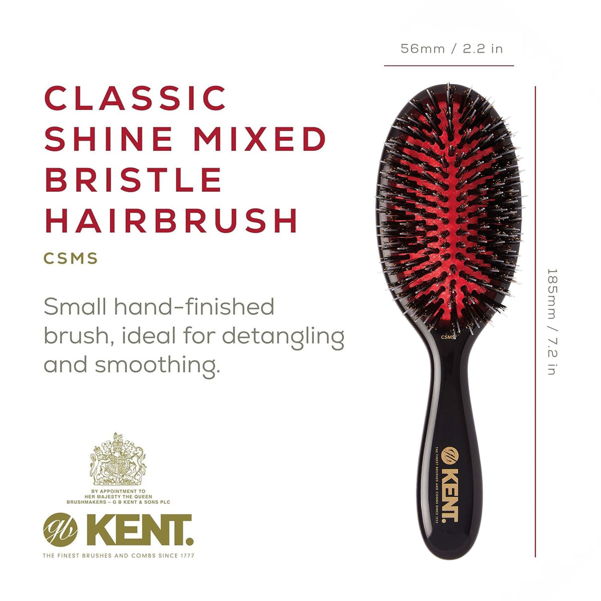 Kent CSMS 7.25" Classic Shine Small Oval Cushion Straightening Brush - Natural Black Boar Bristle Hair Brush with Nylon Quills - Shine Hair Brush and