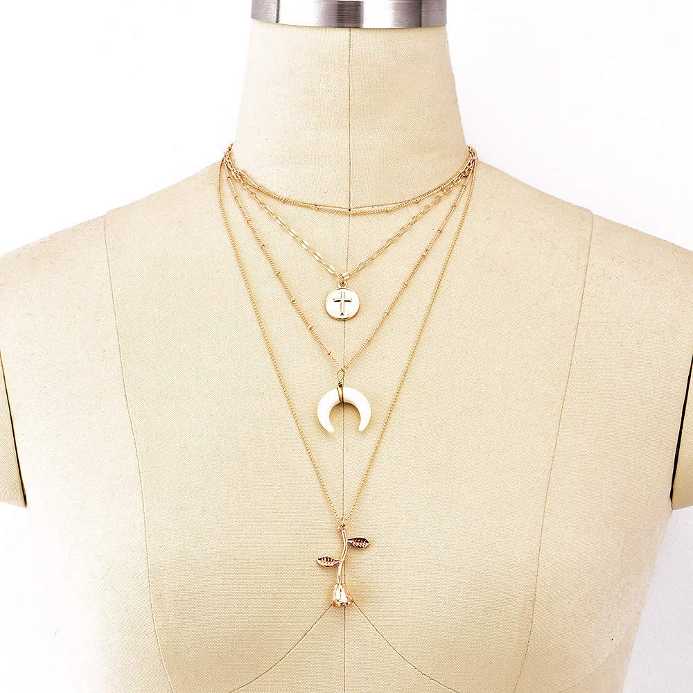 DoubleNine Double Strand Gold Chain Necklace Star Sun Crystal Minimalist Wedding Evening Necklace for Women Girls Beauty & Personal Care Doubnine