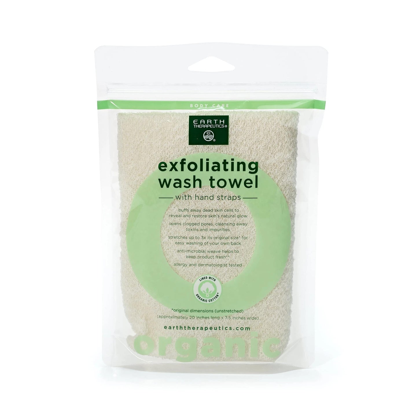 Earth Therapeutics Organic Cotton Exfoliating Wash Towel with Straps Beauty and Personal Care Earth Therapeutics