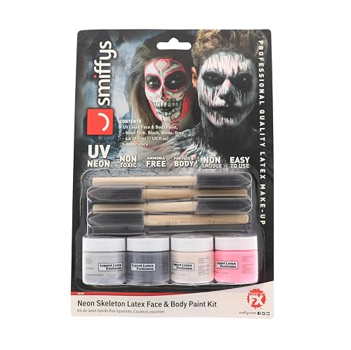 Neon Skeleton Liquid Latex Face and Body Paint Kit- 4-Pack 1 Ounce, 4 Brush-Set, Blacklight, Special Effects, Art, Theater, Parties, Cosplays Beauty & Personal Care Liquid Latex Fashions
