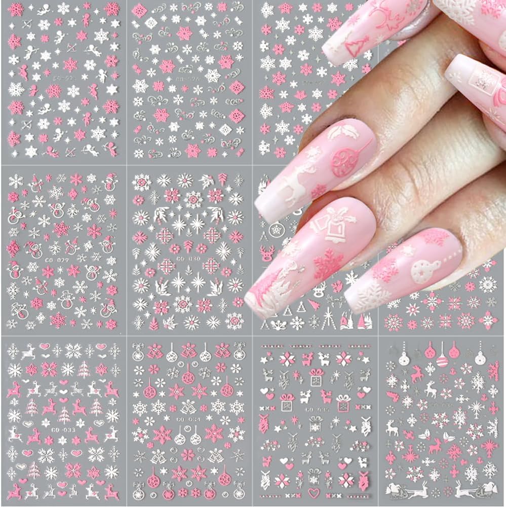 Christmas Nail Art Stickers, 8Sheets 5D Embossed Snowflake Nail Decals Pink White Snowflake Bell Elk Snowmen Xmas Tree Winter Nail Design DIY Beauty & Personal Care Qdsuh
