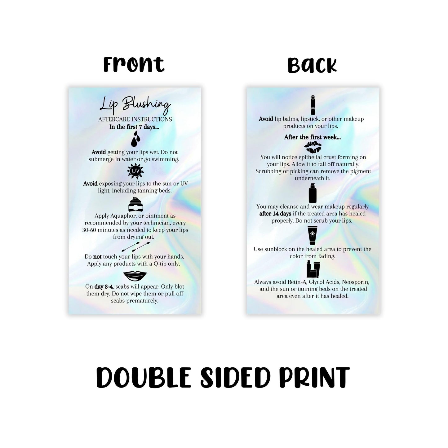 Lip Blush Aftercare Instructions Card | 50 Pack | 2x3.5" inches Business Card Size | Lip Glow Lip Blush PMU Lip Tint Lip Tattoo | Holographic Design Beauty & Personal Care Boutique Marketing LLC