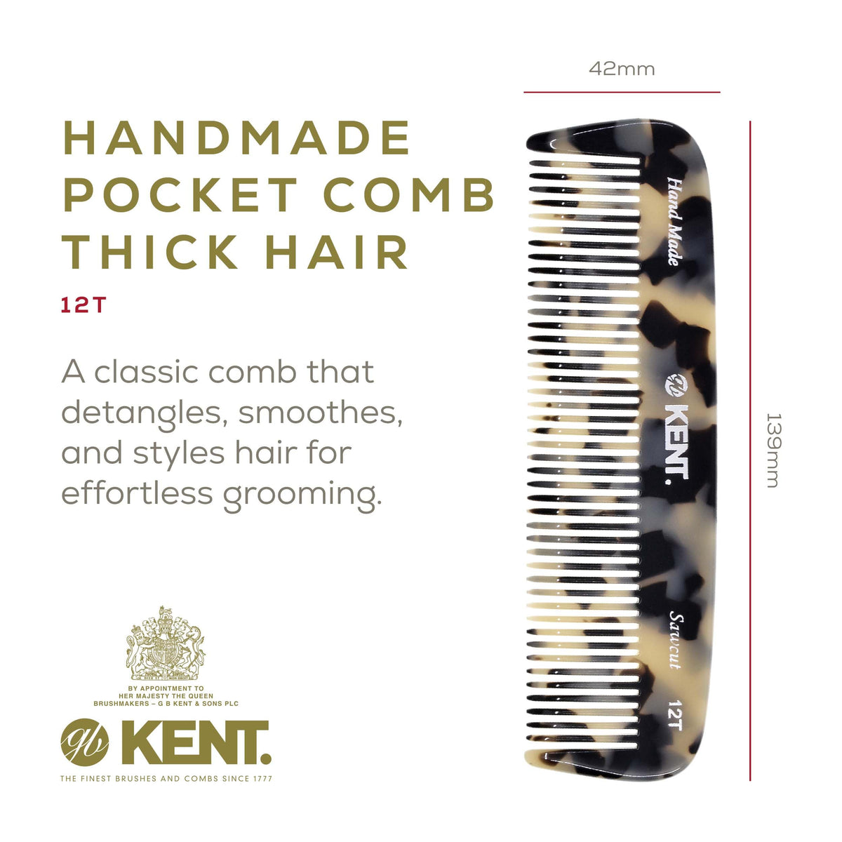 Kent 12T TW Pocket Comb - Handmade Wide Tooth Hair Comb for Men, Women, and Kids - Travel, Beard, and Mustache Comb - Saw Cut and Hand Polished Made