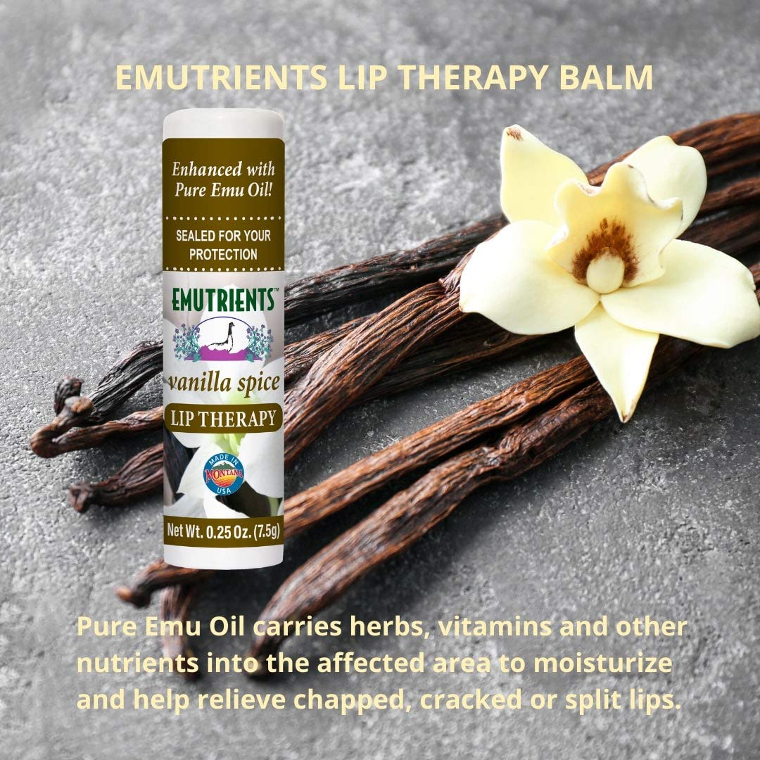 Montana Emu Ranch - Lip Therapy Lip Balm - 0.25 Ounce - Vanilla Spice Flavor - 3 Pack - Made with Pure Emu Oil Beauty and Personal Care Montana Emu Ranch