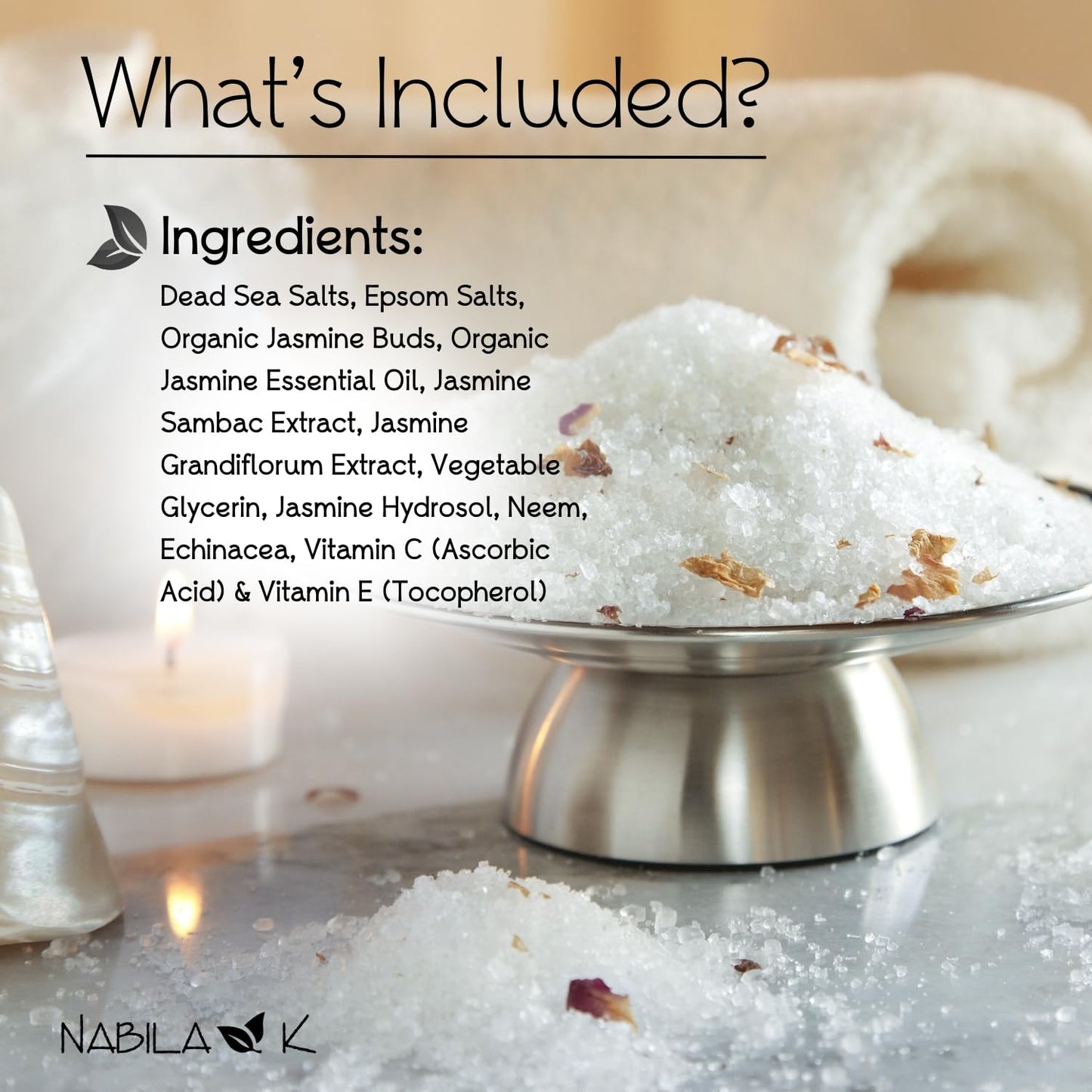 Organic Jasmine Bath Salts for Women & Men - Dead Sea Salt & Epsom Salt Soak and Scrub - Organic Jasmine Buds & Sambac Extract, Cruelty-Free Beauty and Personal Care Nabila K
