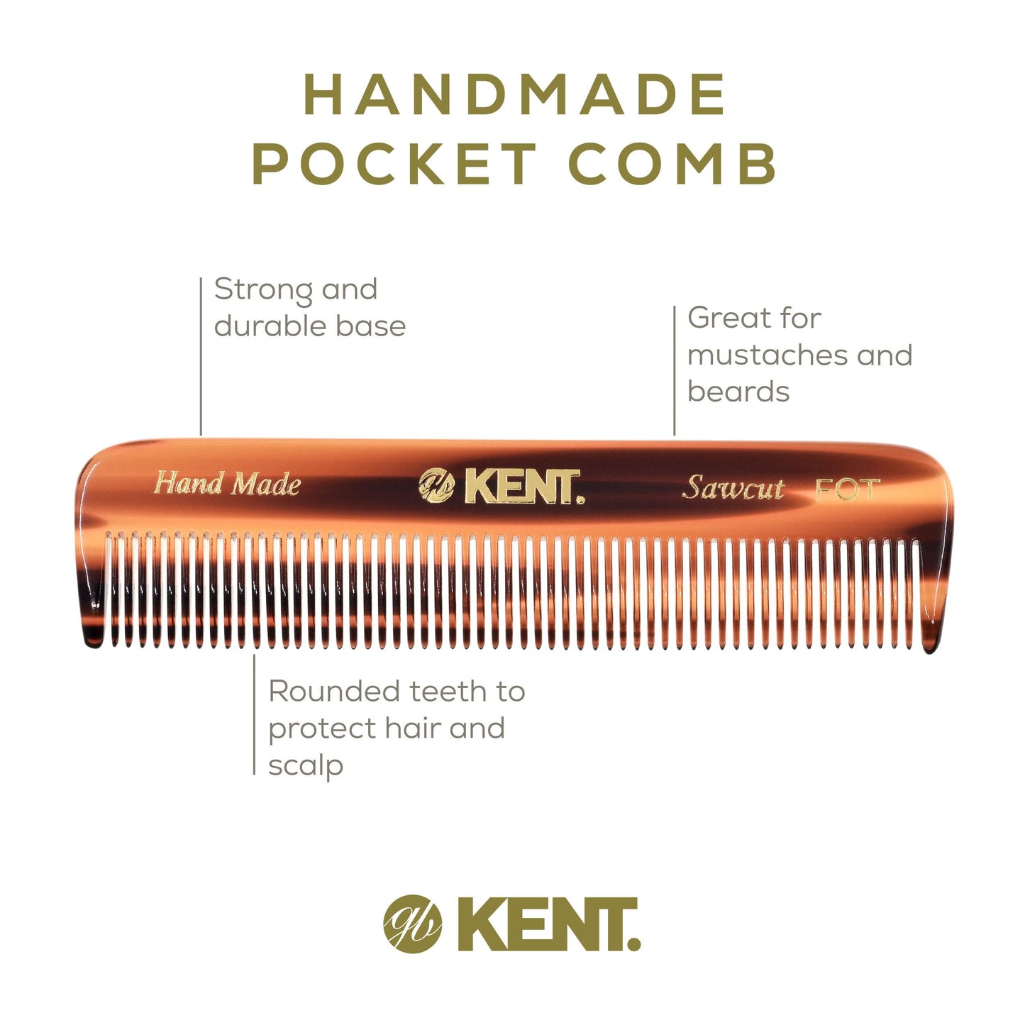 Kent A FOT Tortoise Fine Tooth Handmade Pocket Comb for Men, Women and Kids, Hair Comb Straightener for Everyday Grooming and Styling, Beard Beauty and Personal Care KENT