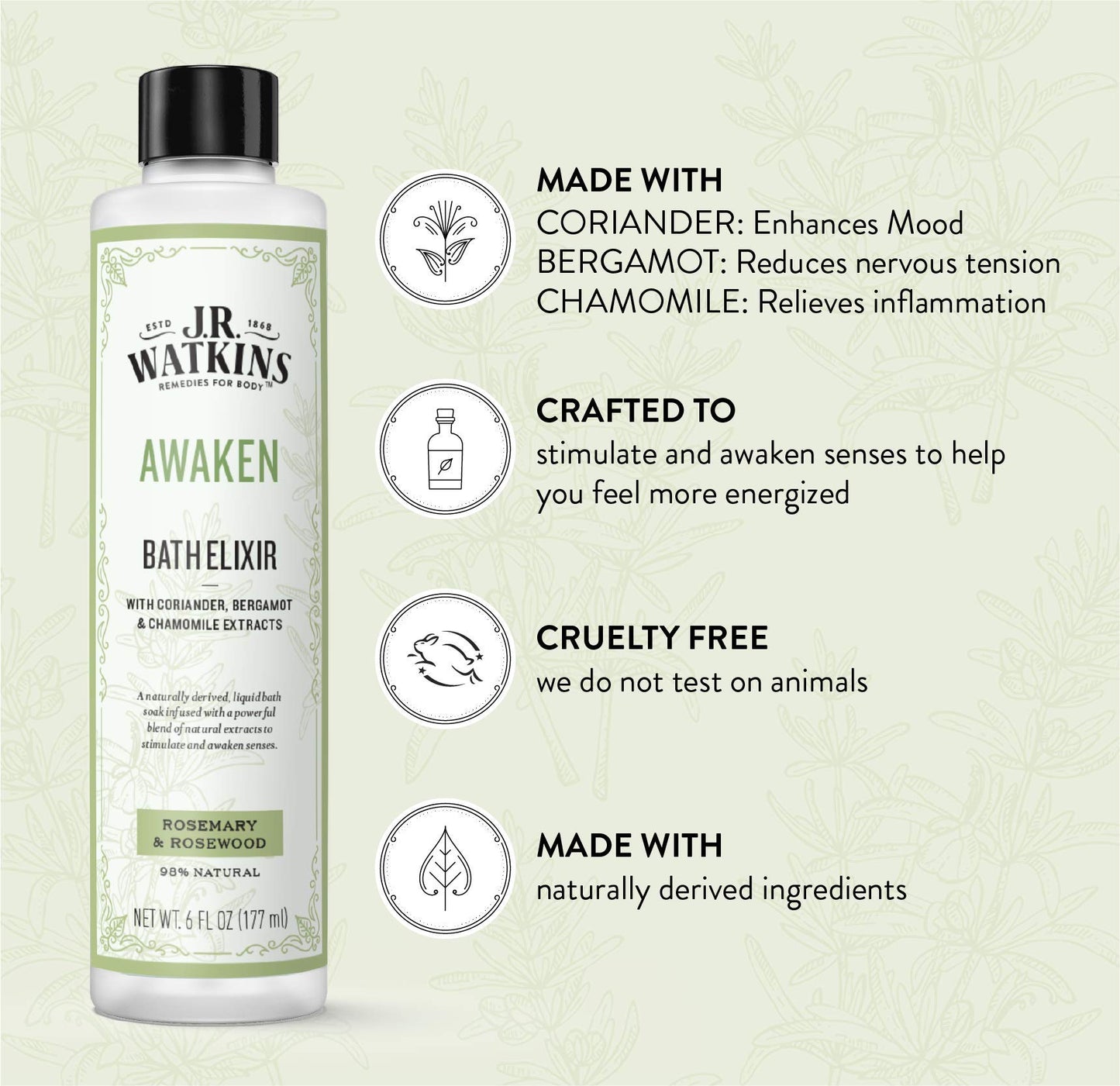 J.R. Watkins Awaken Bath Elixir, Liquid Bath Soak, Rosemary & Rosewood with Natural Extracts, No Salt, No Residue, 6 oz Beauty and Personal Care J.R. Watkins