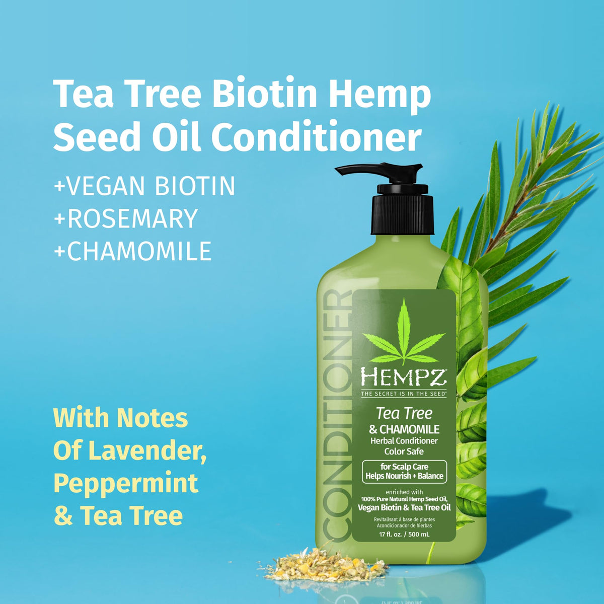 Hempz Biotin Hair Conditioner - Tea Tree & Chamomile - For Scalp Care Hair Growth & Strengthening of Dry, Damaged and Color Treated Hair, Hydrating,