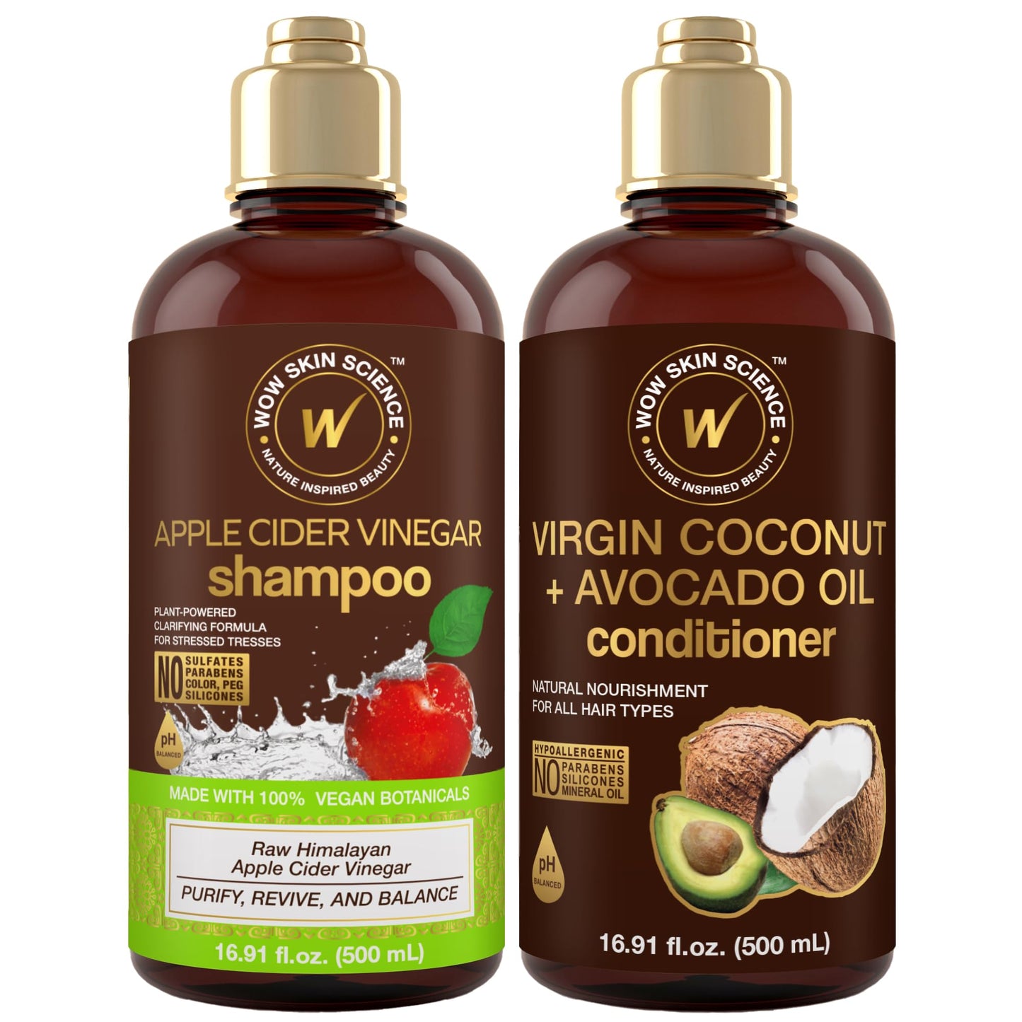 WOW Skin Science Apple Cider Vinegar Shampoo & Coconut + Avocado Oil Conditioner Duo 16.9 oz Beauty & Personal Care WOW Skin Science
