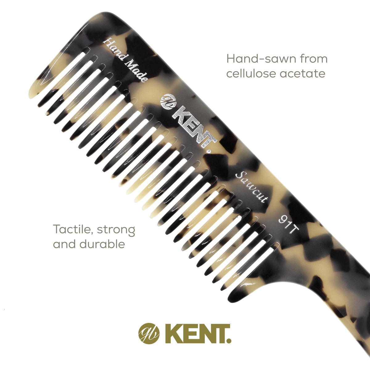 Kent 91T TW Detangler Comb for Women, Wide Tooth Hair Comb for Curly and Wavy Hair - for use in Dry or Wet Hair, Large Handle Shower Comb for