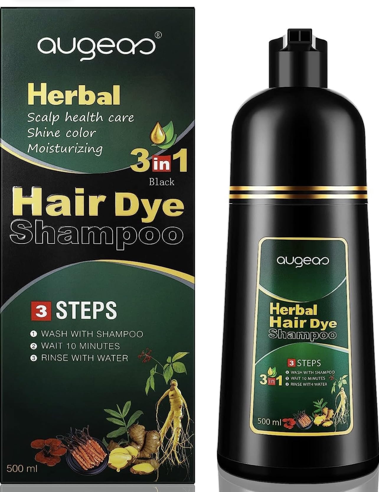 AUGEAS 500ML Black Permanent Hair Color Shampoo, 3 IN 1 Organic Herbal Fast Coloring Shampoo for Men and Women to Cover Grey/White Hair (BLACK) Beauty & Personal Care Maani Essence