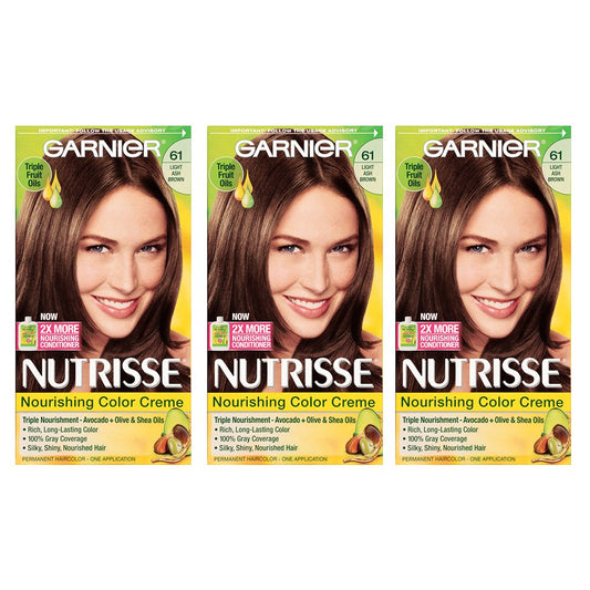 Garnier Nutrisse Nourishing Color Creme, 61 Light Ash Brown (Mochaccino), 3-Pack (Packaging May Vary)